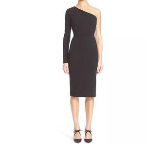Veronica beard black one shoulder long sleeve asymmetric dress with side zipper